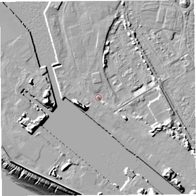 Shaded relief map of the ground around BS119DN, computed from Environment Agency LiDAR. The ground here sits at about 9 m above sea level and falls 22 m across the surrounding 800 m. Surface water reaching this point runs off ground lying to the south-east, 5.6 m higher.