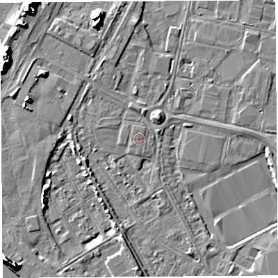 Shaded relief map of the ground around BS119DQ, computed from Environment Agency LiDAR. The ground here sits at about 8 m above sea level and falls 13 m across the surrounding 800 m. Surface water reaching this point runs off ground lying to the north-north-east, 0.6 m higher.