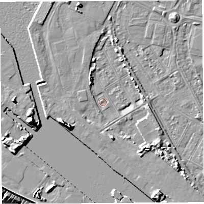 Shaded relief map of the ground around BS119DX, computed from Environment Agency LiDAR. The ground here sits at about 8 m above sea level and falls 20 m across the surrounding 800 m. Surface water reaching this point runs off ground lying to the south-west, 10.8 m higher.