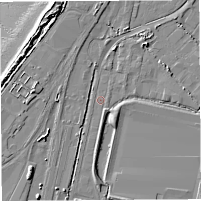 Shaded relief map of the ground around BS119EB, computed from Environment Agency LiDAR. The ground here sits at about 7 m above sea level and falls 13 m across the surrounding 800 m. Surface water reaching this point runs off ground lying to the south-east, 3.9 m higher.