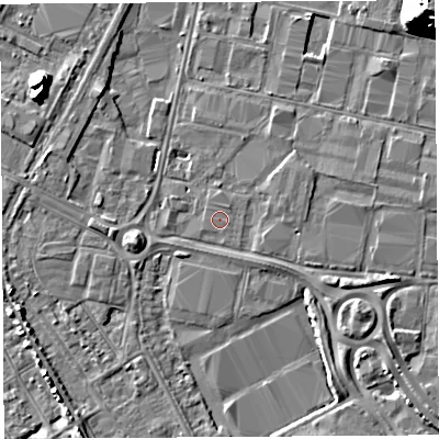 Shaded relief map of the ground around BS119ED, computed from Environment Agency LiDAR. The ground here sits at about 8 m above sea level and falls 21 m across the surrounding 800 m. The ground contributing surface water to this point lies to the east-south-east.