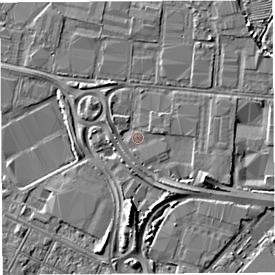 Shaded relief map of the ground around BS119EF, computed from Environment Agency LiDAR. The ground here sits at about 8 m above sea level and falls 9 m across the surrounding 800 m. Surface water reaching this point runs off ground lying to the south, 2.7 m higher.