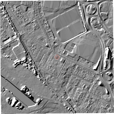 Shaded relief map of the ground around BS119EG, computed from Environment Agency LiDAR. The ground here sits at about 8 m above sea level and falls 9 m across the surrounding 800 m. Surface water reaching this point runs off ground lying to the south-east, 1.1 m higher.