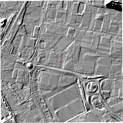 Shaded relief map of the ground around BS119EH, computed from Environment Agency LiDAR. The ground here sits at about 7 m above sea level and falls 22 m across the surrounding 800 m. Surface water reaching this point runs off ground lying to the north-east, 1.2 m higher.