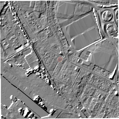 Shaded relief map of the ground around BS119EJ, computed from Environment Agency LiDAR. The ground here sits at about 7 m above sea level and falls 9 m across the surrounding 800 m. Surface water reaching this point runs off ground lying to the south-south-west, 4.8 m higher.
