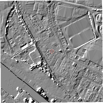 Shaded relief map of the ground around BS119EL, computed from Environment Agency LiDAR. The ground here sits at about 7 m above sea level and falls 9 m across the surrounding 800 m. Surface water reaching this point runs off ground lying to the south, 5.8 m higher.