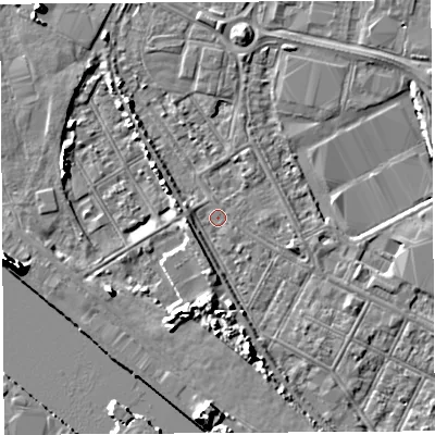 Shaded relief map of the ground around BS119EN, computed from Environment Agency LiDAR. The ground here sits at about 7 m above sea level and falls 11 m across the surrounding 800 m. Surface water reaching this point runs off ground lying to the south-west, 5.6 m higher.