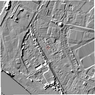 Shaded relief map of the ground around BS119EP, computed from Environment Agency LiDAR. The ground here sits at about 7 m above sea level and falls 12 m across the surrounding 800 m. Surface water reaching this point runs off ground lying to the south-west, 10.8 m higher.