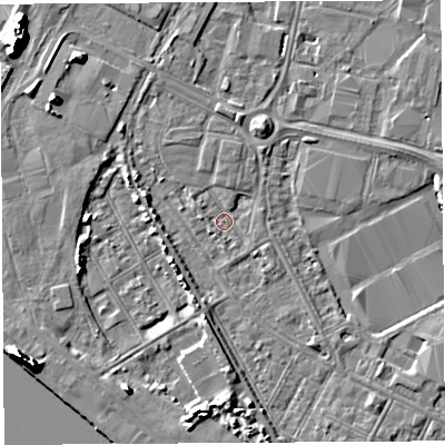 Shaded relief map of the ground around BS119ER, computed from Environment Agency LiDAR. The ground here sits at about 7 m above sea level and falls 13 m across the surrounding 800 m. Surface water reaching this point runs off ground lying to the north, 1.3 m higher.