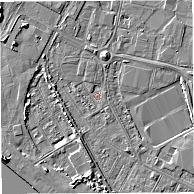 Shaded relief map of the ground around BS119ES, computed from Environment Agency LiDAR. The ground here sits at about 7 m above sea level and falls 11 m across the surrounding 800 m. Surface water reaching this point runs off ground lying to the south-south-west, 1.0 m higher.