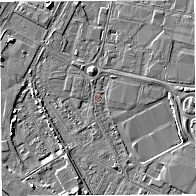 Shaded relief map of the ground around BS119ET, computed from Environment Agency LiDAR. The ground here sits at about 7 m above sea level and falls 11 m across the surrounding 800 m. Surface water reaching this point runs off ground lying to the north-east, 1.5 m higher.