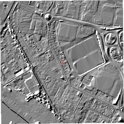 Shaded relief map of the ground around BS119EU, computed from Environment Agency LiDAR. The ground here sits at about 7 m above sea level and falls 7 m across the surrounding 800 m. Surface water reaching this point runs off ground lying to the south-east, 4.8 m higher.