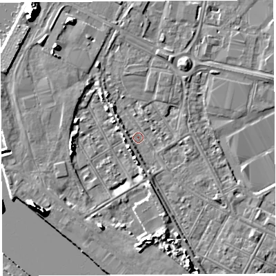 Shaded relief map of the ground around BS119EW, computed from Environment Agency LiDAR. The ground here sits at about 7 m above sea level and falls 12 m across the surrounding 800 m. Surface water reaching this point runs off ground lying to the north-west, 12.2 m higher.