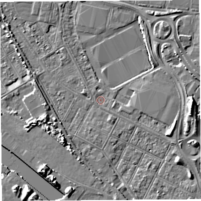 Shaded relief map of the ground around BS119EY, computed from Environment Agency LiDAR. The ground here sits at about 7 m above sea level and falls 9 m across the surrounding 800 m. Surface water reaching this point runs off ground lying to the east-south-east, 3.6 m higher.