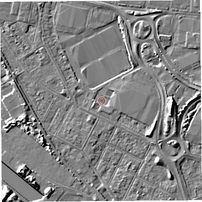 Shaded relief map of the ground around BS119EZ, computed from Environment Agency LiDAR. The ground here sits at about 7 m above sea level and falls 9 m across the surrounding 800 m. Surface water reaching this point runs off ground lying to the south-south-east, 1.3 m higher.