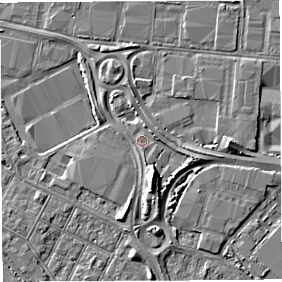 Shaded relief map of the ground around BS119FB, computed from Environment Agency LiDAR. The ground here sits at about 8 m above sea level and falls 8 m across the surrounding 800 m. Surface water reaching this point runs off ground lying to the south-south-east, 6.4 m higher.