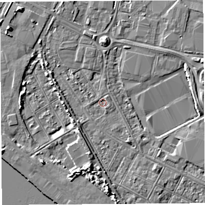 Shaded relief map of the ground around BS119FE, computed from Environment Agency LiDAR. The ground here sits at about 7 m above sea level and falls 8 m across the surrounding 800 m. Surface water reaching this point runs off ground lying to the south-west, 5.6 m higher.
