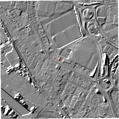 Shaded relief map of the ground around BS119FL, computed from Environment Agency LiDAR. The ground here sits at about 8 m above sea level and falls 9 m across the surrounding 800 m. Surface water reaching this point runs off ground lying to the east-south-east, 3.5 m higher.