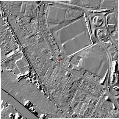 Shaded relief map of the ground around BS119FP, computed from Environment Agency LiDAR. The ground here sits at about 8 m above sea level and falls 9 m across the surrounding 800 m. Surface water reaching this point runs off ground lying to the east, 8.2 m higher.
