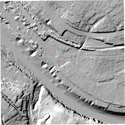 Shaded relief map of the ground around BS119FR, computed from Environment Agency LiDAR. The ground here sits at about 8 m above sea level and falls 37 m across the surrounding 800 m. Surface water reaching this point runs off ground lying to the east-north-east, 13.2 m higher.