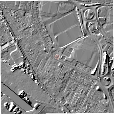 Shaded relief map of the ground around BS119FS, computed from Environment Agency LiDAR. The ground here sits at about 8 m above sea level and falls 9 m across the surrounding 800 m. Surface water reaching this point runs off ground lying to the east-south-east, 3.5 m higher.