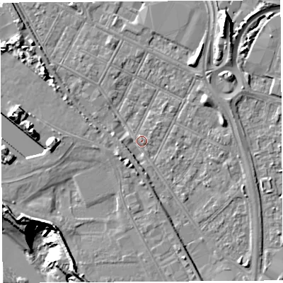 Shaded relief map of the ground around BS119FW, computed from Environment Agency LiDAR. The ground here sits at about 8 m above sea level and falls 20 m across the surrounding 800 m. Surface water reaching this point runs off ground lying to the south-south-west, 3.8 m higher.
