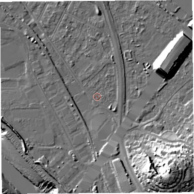 Shaded relief map of the ground around BS119GQ, computed from Environment Agency LiDAR. The ground here sits at about 8 m above sea level and falls 35 m across the surrounding 800 m. Surface water reaching this point runs off ground lying to the south-east, 1.7 m higher.