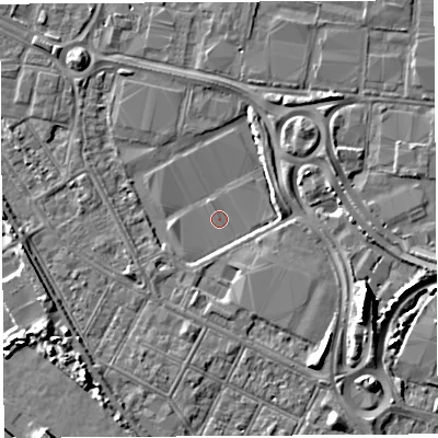 Shaded relief map of the ground around BS119HA, computed from Environment Agency LiDAR. The ground here sits at about 7 m above sea level and falls 8 m across the surrounding 800 m. Surface water reaching this point runs off ground lying to the east-south-east, 8.2 m higher.