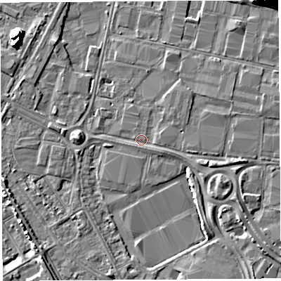 Shaded relief map of the ground around BS119HD, computed from Environment Agency LiDAR. The ground here sits at about 7 m above sea level and falls 14 m across the surrounding 800 m. Surface water reaching this point runs off ground lying to the east-south-east, 2.0 m higher.