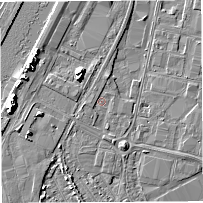 Shaded relief map of the ground around BS119HF, computed from Environment Agency LiDAR. The ground here sits at about 8 m above sea level and falls 14 m across the surrounding 800 m. Surface water reaching this point runs off ground lying to the west-south-west, 1.0 m higher.