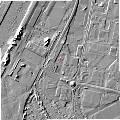 Shaded relief map of the ground around BS119HG, computed from Environment Agency LiDAR. The ground here sits at about 8 m above sea level and falls 12 m across the surrounding 800 m. Surface water reaching this point runs off ground lying to the west, 1.5 m higher.