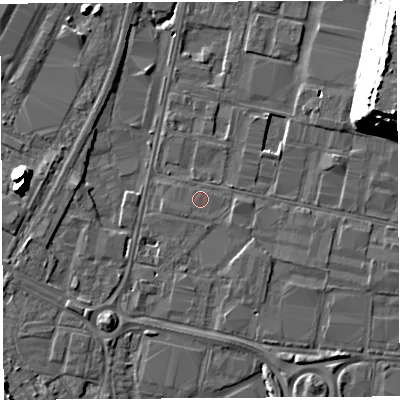 Shaded relief map of the ground around BS119HL, computed from Environment Agency LiDAR. The ground here sits at about 8 m above sea level and falls 23 m across the surrounding 800 m. The ground contributing surface water to this point lies to the south-west.