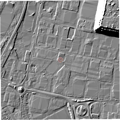 Shaded relief map of the ground around BS119HN, computed from Environment Agency LiDAR. The ground here sits at about 8 m above sea level and falls 23 m across the surrounding 800 m. Surface water reaching this point runs off ground lying to the south-south-east, 0.7 m higher.