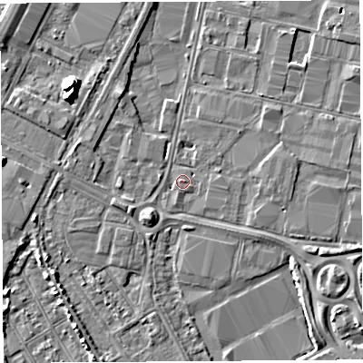 Shaded relief map of the ground around BS119HQ, computed from Environment Agency LiDAR. The ground here sits at about 8 m above sea level and falls 11 m across the surrounding 800 m. Surface water reaching this point runs off ground lying to the east-south-east, 2.4 m higher.