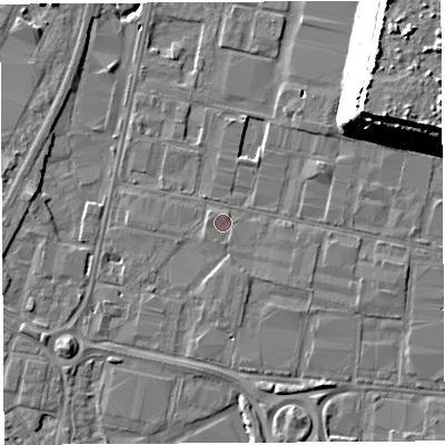 Shaded relief map of the ground around BS119HR, computed from Environment Agency LiDAR. The ground here sits at about 8 m above sea level and falls 23 m across the surrounding 800 m. Surface water reaching this point runs off ground lying to the south, 1.1 m higher.