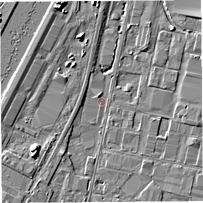 Shaded relief map of the ground around BS119HS, computed from Environment Agency LiDAR. The ground here sits at about 7 m above sea level and falls 13 m across the surrounding 800 m. Surface water reaching this point runs off ground lying to the south-west, 2.9 m higher.