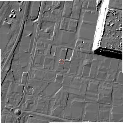 Shaded relief map of the ground around BS119HU, computed from Environment Agency LiDAR. The ground here sits at about 8 m above sea level and falls 23 m across the surrounding 800 m. The ground contributing surface water to this point lies to the east.