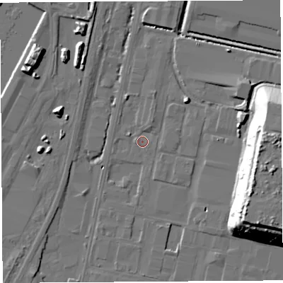 Shaded relief map of the ground around BS119HW, computed from Environment Agency LiDAR. The ground here sits at about 7 m above sea level and falls 23 m across the surrounding 800 m. Surface water reaching this point runs off ground lying to the south-east, 21.7 m higher.