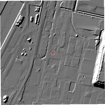 Shaded relief map of the ground around BS119HZ, computed from Environment Agency LiDAR. The ground here sits at about 7 m above sea level and falls 23 m across the surrounding 800 m. Surface water reaching this point runs off ground lying to the east-south-east, 21.7 m higher.