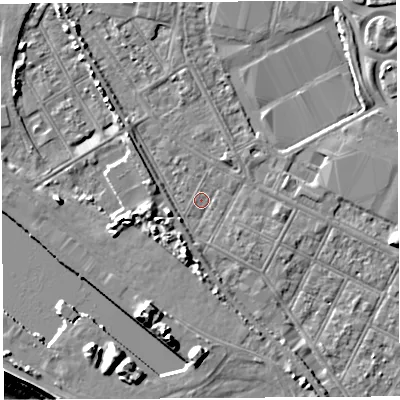 Shaded relief map of the ground around BS119JA, computed from Environment Agency LiDAR. The ground here sits at about 7 m above sea level and falls 20 m across the surrounding 800 m. Surface water reaching this point runs off ground lying to the south-south-west, 2.7 m higher.
