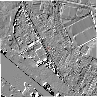 Shaded relief map of the ground around BS119JB, computed from Environment Agency LiDAR. The ground here sits at about 7 m above sea level and falls 13 m across the surrounding 800 m. Surface water reaching this point runs off ground lying to the south-south-east, 4.6 m higher.