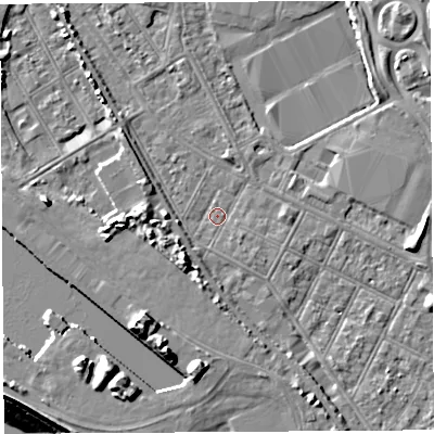 Shaded relief map of the ground around BS119JD, computed from Environment Agency LiDAR. The ground here sits at about 7 m above sea level and falls 20 m across the surrounding 800 m. Surface water reaching this point runs off ground lying to the south-west, 4.8 m higher.