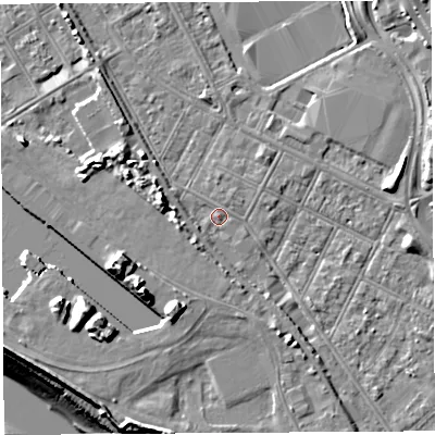 Shaded relief map of the ground around BS119JE, computed from Environment Agency LiDAR. The ground here sits at about 8 m above sea level and falls 20 m across the surrounding 800 m. Surface water reaching this point runs off ground lying to the west-north-west, 4.8 m higher.