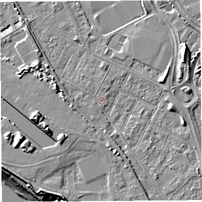 Shaded relief map of the ground around BS119JF, computed from Environment Agency LiDAR. The ground here sits at about 7 m above sea level and falls 20 m across the surrounding 800 m. Surface water reaching this point runs off ground lying to the west-north-west, 5.3 m higher.