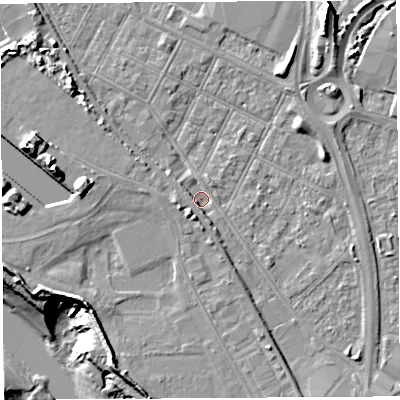 Shaded relief map of the ground around BS119JH, computed from Environment Agency LiDAR. The ground here sits at about 7 m above sea level and falls 20 m across the surrounding 800 m. Surface water reaching this point runs off ground lying to the south-south-west, 3.8 m higher.