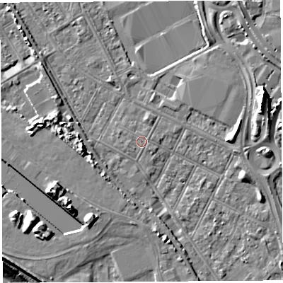 Shaded relief map of the ground around BS119JJ, computed from Environment Agency LiDAR. The ground here sits at about 8 m above sea level and falls 20 m across the surrounding 800 m. The ground contributing surface water to this point lies to the north-west.