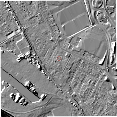 Shaded relief map of the ground around BS119JN, computed from Environment Agency LiDAR. The ground here sits at about 8 m above sea level and falls 20 m across the surrounding 800 m. Surface water reaching this point runs off ground lying to the east-north-east, 1.1 m higher.