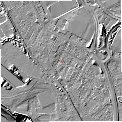 Shaded relief map of the ground around BS119JR, computed from Environment Agency LiDAR. The ground here sits at about 7 m above sea level and falls 20 m across the surrounding 800 m. Surface water reaching this point runs off ground lying to the south, 3.9 m higher.