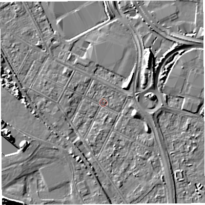 Shaded relief map of the ground around BS119JS, computed from Environment Agency LiDAR. The ground here sits at about 7 m above sea level and falls 11 m across the surrounding 800 m. Surface water reaching this point runs off ground lying to the west, 5.2 m higher.