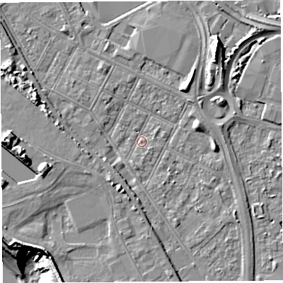 Shaded relief map of the ground around BS119JT, computed from Environment Agency LiDAR. The ground here sits at about 7 m above sea level and falls 20 m across the surrounding 800 m. Surface water reaching this point runs off ground lying to the south-south-west, 3.8 m higher.